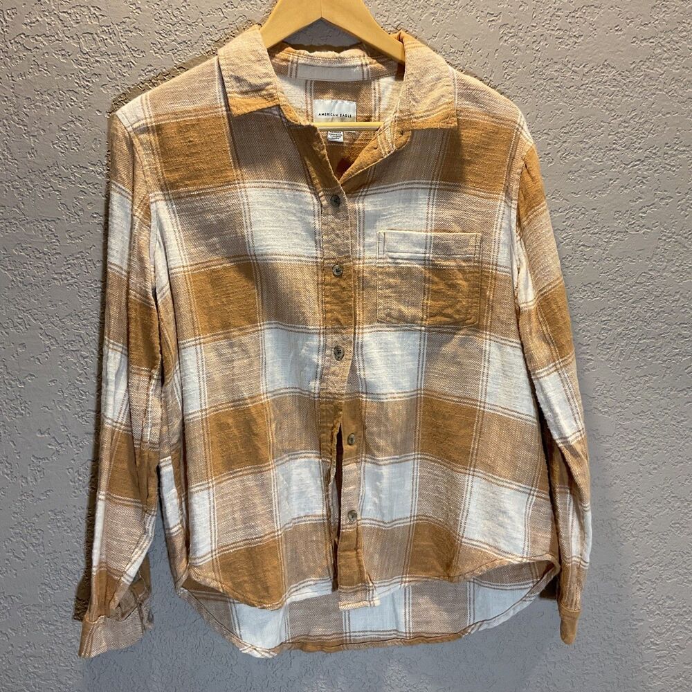 American Eagle Flannel Shirt Women's XS Yellow White Plaid Button Up Casual Soft